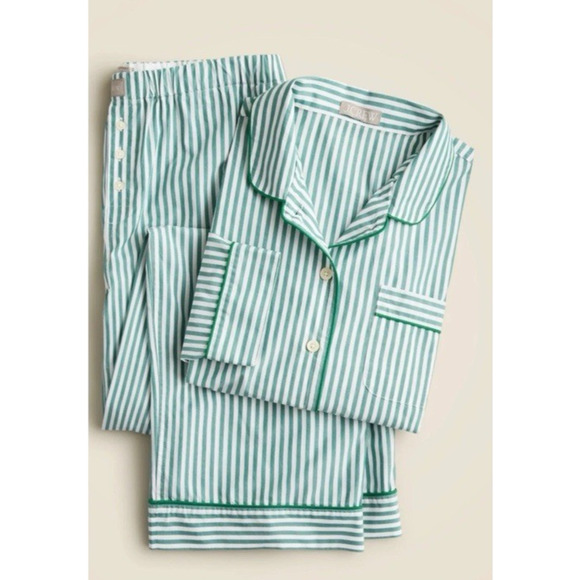 J.Crew Womens Pajama Set Sz S Green White Striped Poplin Holiday Long Sleeve - Picture 1 of 13